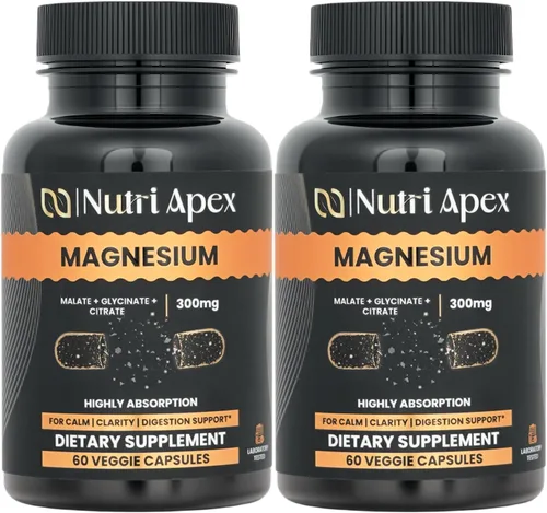 Complejo de magnesio de 300 mg – Malato, glicinato y citrato – 60 cápsulas vegetales | Relajación muscular, sueño, energía, estado de ánimo y apoyo