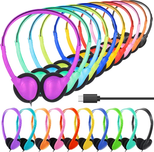 Miniatura 8 de Paquete de 12 auriculares USB C a granel para niños de aula, escuela, auriculares USB tipo C, juego de clase compatible con teléfonos inteligentes