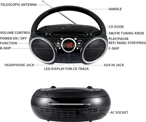 Miniatura 8 de SINGING WOOD 030C Reproductor de CD portátil Boombox AM FM Radio de sintonización analógica, línea auxiliar, conector para auriculares, asa