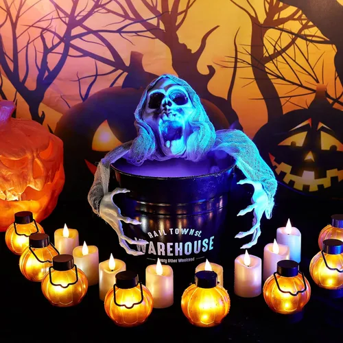 Miniatura 2 de IMAGE Farol de calabaza parpadeante, paquete de 12 luces LED parpadeantes de Halloween con velas sin llama que funcionan con pilas para Halloween
