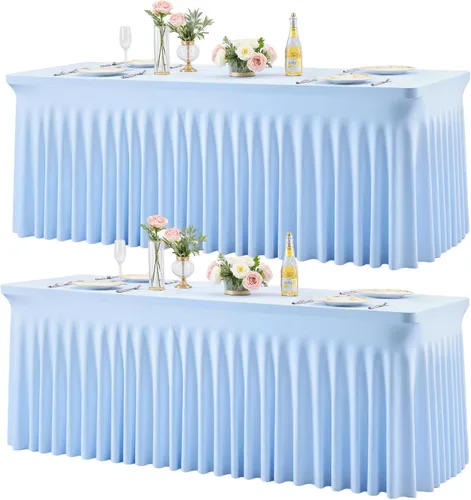 Miniatura 19 de Manteles de mesa de elastano azul bebé de 6 pies para mesas rectangulares, sin arrugas, rectangular, elástico, ajustable de 6 pies con falda