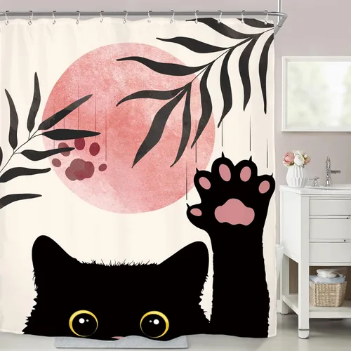Miniatura 5 de Miyotaa Juego de cortina de ducha abstracta divertida con diseño de gato, 60 pulgadas de ancho x 71 pulgadas de alto, color negro, rosa, lindo