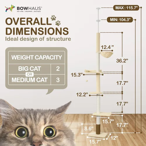 Miniatura 2 de BOWHAUS Árbol para gatos de piso a techo, altura ajustable de 104 a 115 pulgadas, torre de escalada para gatos de varios niveles con rascador