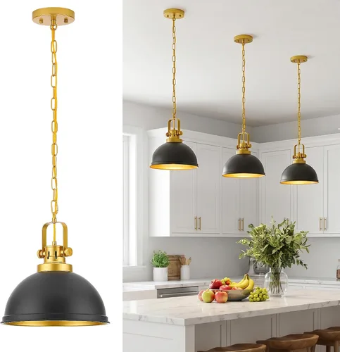 Miniatura 9 de Luces Colgantes Negras para Isla de Cocina, 11.8" Metal Martillado Negro Lámpara Colgante de Cúpula Iluminación Colgante Negra y de Madera Accesorio