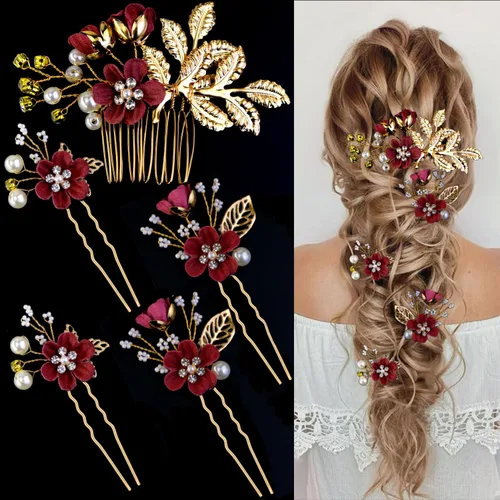 Miniatura 10 de 5 Piezas Horquillas de Flores Nupciales para Cabello de Boda Peines de Cabello de Cristal y Perla Clips Tocado Dorado Accesorios de Cabello de Boda