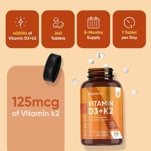 Miniatura 6 de WeightWorld Vitamina D3 4000 IU + K2 125mcg Vitamina D3 K2 para huesos saludables y apoyo inmunológico (suministro de 8 meses) 240 tabletas
