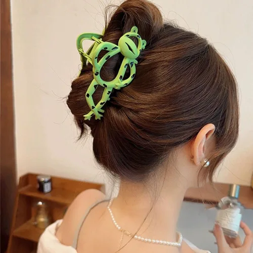 Miniatura 5 de Paquete de 2 pinzas de metal grandes para cabello grueso y fino, pasadores antideslizantes de sujeción fuerte, bonito diseño de rana verde