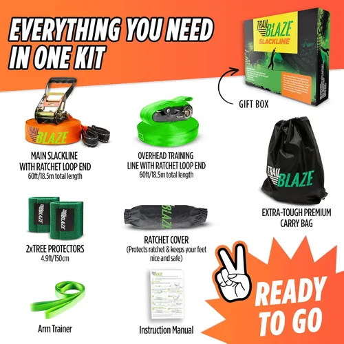 Miniatura 4 de Kit completo Slackline con línea de entrenamiento, líneas flojas de 60 pies para patio trasero para niños y adultos, protectores de árboles más