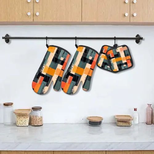 Miniatura 5 de MCALK Juego de 5 manoplas de horno y soportes para ollas, guantes abstractos para horno y almohadillas calientes para cocina de cocina, manoplas