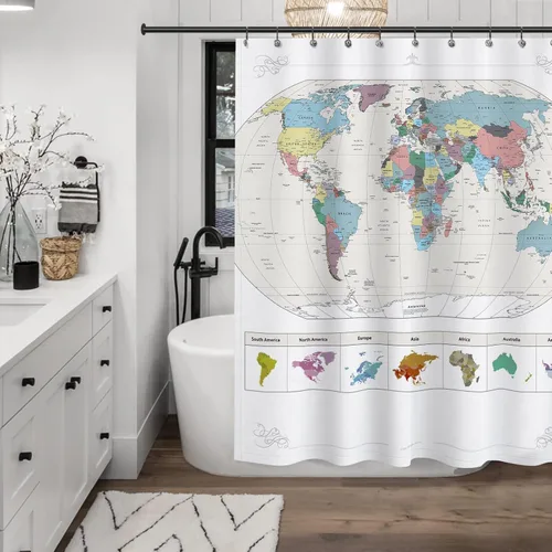 Miniatura 3 de Sunlit ¡Nuevo! Mapa extra largo del mundo con ciudades importantes detalladas. Cortina de ducha de tela repelente al agua sin PVC, no tóxica e