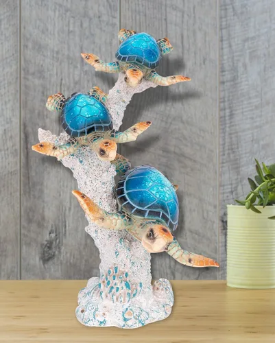 Miniatura 7 de Estatua de tortuga marina triples nadando sobre base de arrecife de coral, figura de polystone inspirada en el océano para decoración del hogar Azul