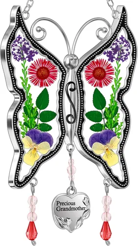 Miniatura 21 de KY&BOSAM - Atrapasoles de mariposa para mamá, regalos de cristal para ventanas, carillón de viento con alas de flores prensadas auténticas con dije