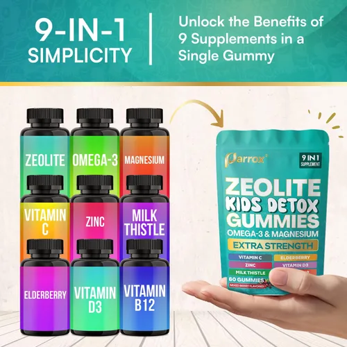 Miniatura 4 de Zeolite Kids - Gomitas 9 en 1 con zeolita, omega-3, magnesio, saúco, vitamina C, cardo mariano, vitamina D3, zinc, B12, sin azúcar