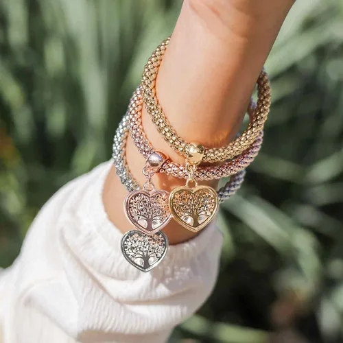 Miniatura 4 de 3 pulseras de cadena de palomitas de maíz de oroplataoro rosa - dije de edición de corazón con pulsera elástica de cristal para mujeres y niñas