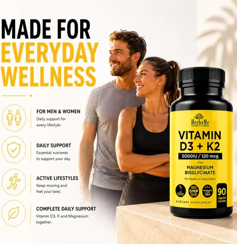 Miniatura 6 de HerbaMe Vitamina D3 5000 UI + K2 con bisglicinato de magnesio Fórmula completa de apoyo para la activación y absorción D3 Bienestar óseo