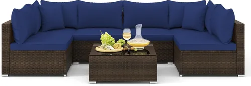 Miniatura 12 de Tangkula Juego de muebles de mimbre de patio de 7 piezas, juego de sofá modular de ratán para 6 personas con cojines de asiento y respaldo, 2 Azul
