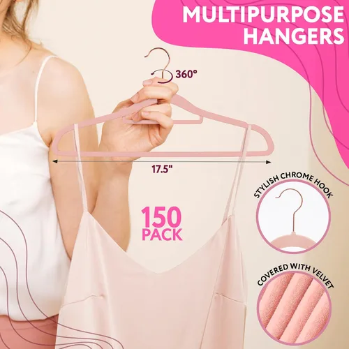 Miniatura 2 de Perchas de terciopelo, perchas antideslizantes para ropa, diseño fino rosa, gancho cromado giratorio de 360°, hombros con muescas, 17.5 pulgadas