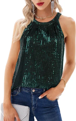 GRACE KARIN Camisetas halter de lentejuelas para mujer, sin mangas, brillantes, fruncidas, fluidas, brillantes, para club, camisa de fiesta