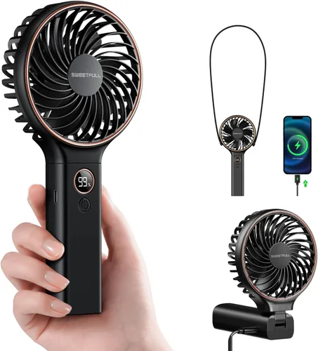 SWEETFULL Ventilador portátil de mano, batería recargable de 5000 mAh, viento de 6 velocidades, pantalla digital LED, mini ventilador de viaje Negro