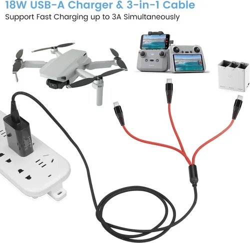 Miniatura 3 de Cargador para DJI Neo, Mini 4K, Mini 2 SE, 3 Pro, 4 Pro, Air 2S, Avata, Mavic Drones, 3 en 1 USB tipo C 3A cable de carga rápida con adaptador de 18
