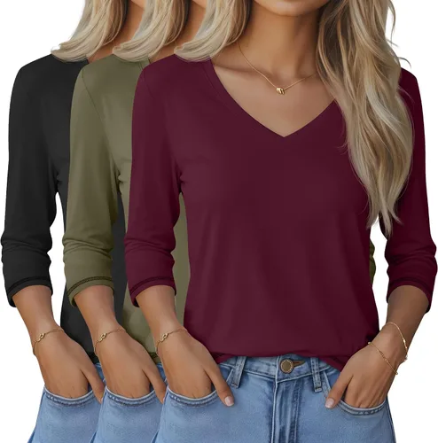 Miniatura 26 de Ficerd Paquete de 3 camisetas de manga 3/4 para mujer, cuello en V, blusas holgadas, blusas casuales, ropa de moda 2026