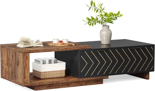Miniatura 3 de LITTLE TREE Mesa auxiliar de madera expandible con 2 cajones, mesa central rectangular de granja que ahorra espacio, perfecta para sala de estar