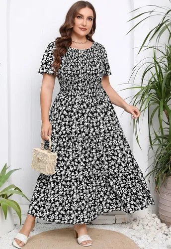 Miniatura 4 de Younrui Vestido largo escalonado fruncido para mujer, talla grande, con bolsillos, elegante, manga corta, cuello redondo, floral, bohemio, vestido