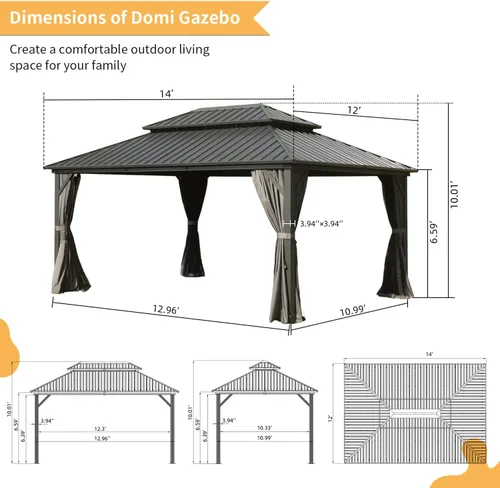 Miniatura 3 de Domi - Glorieta de techo rígido de 10 x 14 pies, glorieta de metal de aluminio con toldo de doble techo de acero galvanizado, cortina y red