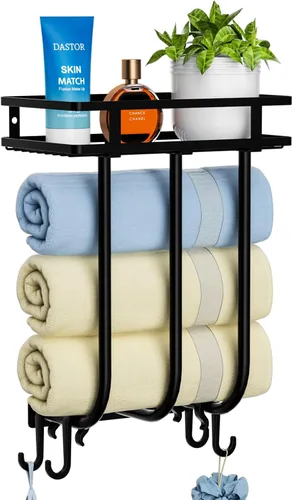Toalleros para baño, toallero montado en la pared con estante de metal y 4 ganchos para colgar, estante de toallas para baño pequeño, puede contener
