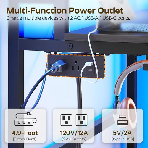 Miniatura 5 de YATINEY Escritorio pequeño para computadora con estación de carga y luces LED, escritorio para juegos con soporte para monitor, escritorio