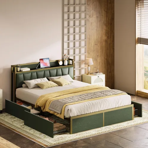 Miniatura 8 de LIKIMIO Armazón de cama Queen con 4 cajones de almacenamiento, cama de plataforma con cabecera con carga, resistente y estable, sin ruido, no Verde
