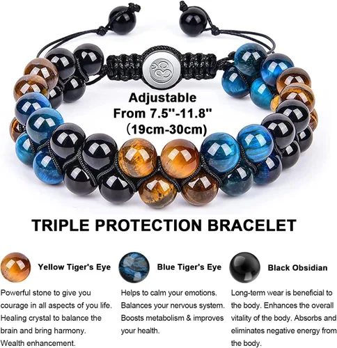 Miniatura 4 de Pulsera de triple protección de 0.315 in y 0.394 in para mujeres y hombres, pulsera de piedra natural, ojo de tigre natural, obsidiana y hematita