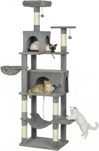Miniatura 10 de PawHut Árbol de flores para gatos, torre grande de 74 pulgadas para gatos de interior con 2 amplios condominios, postes rascadores de sisal, 2 bolas