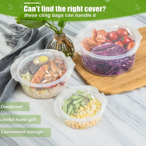 Miniatura 3 de Fumete 500 fundas elásticas reutilizables para almacenamiento de alimentos y 5 bolsas con cordón, transparente, blanco, material de polietileno