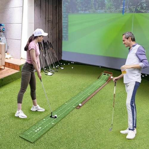 Miniatura 8 de Tangkula Alfombrilla de práctica de golf de 10 pies, 2/3 hoyos con retorno automático de bola para interiores y exteriores, guías de alineación y 3
