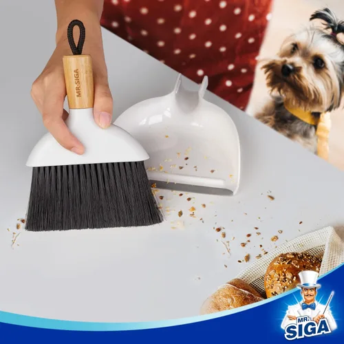 Miniatura 4 de MR.SIGA Juego de mini recogedor y cepillo, cepillo de limpieza portátil y recogedor combinado con mango de bambú, 1 juego Blanco