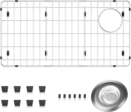 Miniatura 9 de Paquete de 2 rejillas de metal dorado para fregadero de cocina, 13"L X 11.6"W, protectores de fregadero de acero inoxidable con orificio de drenaje