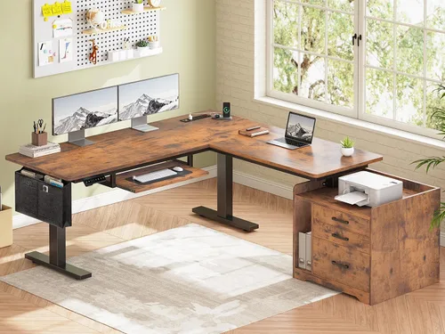 Miniatura 12 de SEDETA Escritorio eléctrico de pie en forma de L con archivador, 63 x 53 pulgadas, escritorio de computadora de oficina en casa ajustable con Negro
