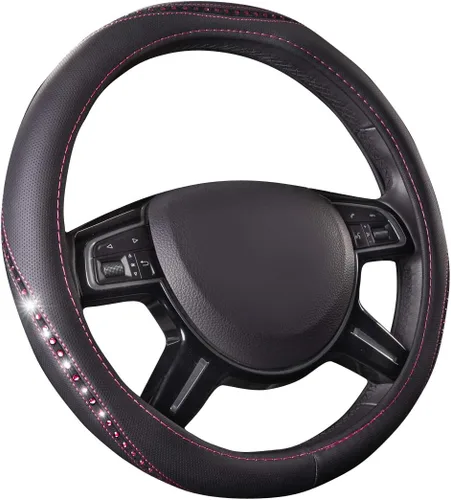 Miniatura 13 de CAR PASS Funda para Volante de Cuero Rosa con Diamantes de Imitación Brillantes, Piedras de Imitación Brillantes con Tachuelas Ajuste Universal 14