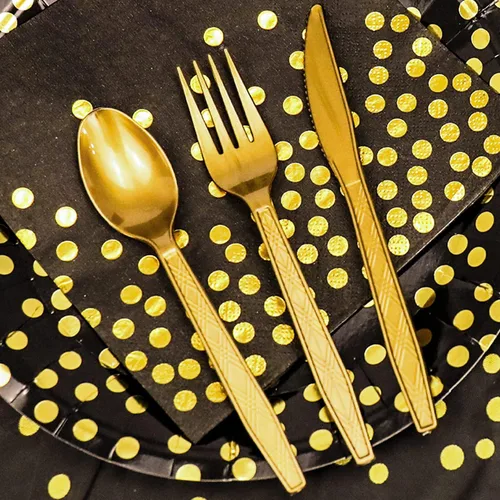 Miniatura 6 de Juego de vajilla desechable dorada de 176 piezas y vajilla de fiesta desechable con lunares dorados, platos de papel negro, servilletas, vasos