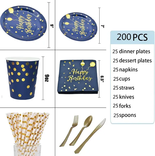 Miniatura 3 de Sirve 25 invitados, 200 unidades de platos desechables de feliz cumpleaños y servilletas suministros para fiesta, juegos de decoración de fiesta