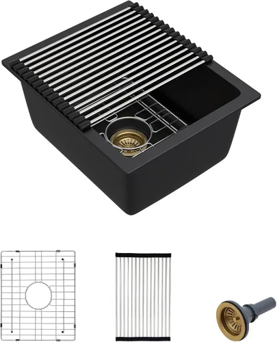 Miniatura 28 de Fregadero de preparación de barra de montaje inferior de 12 x 16 pulgadas, color negro mate, compuesto de cuarzo, clásico bajo encimera, lavabo