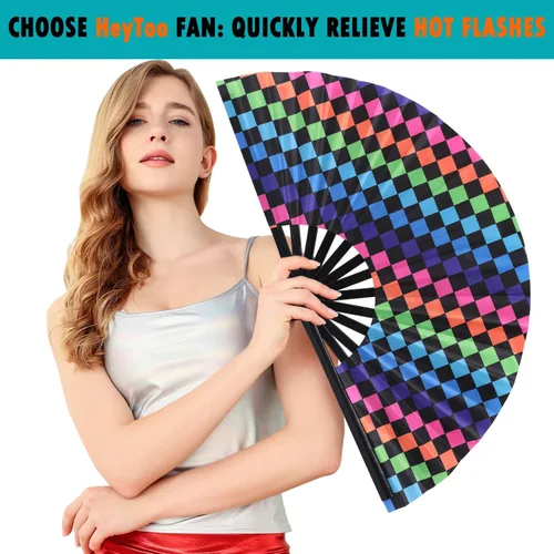 Miniatura 4 de HeyToo Ventilador de mano grande para mujeres/hombres, con brillo UV, para Drag Queen, cosplay, EDM, club, fiesta, música, festival, baile, Cuadrado