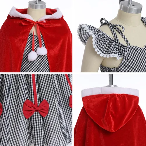 Miniatura 13 de IDOPIP Vestido de fiesta de Navidad para mujeres y niñas, vestido de tutú a cuadros rojos con capa con capucha, disfraz familiar a juego
