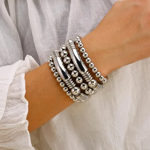 Miniatura 5 de Brazalete chapado en oro de 14 quilates para mujer, grueso, curvado, apilable, chapado en cuentas, pulseras elásticas