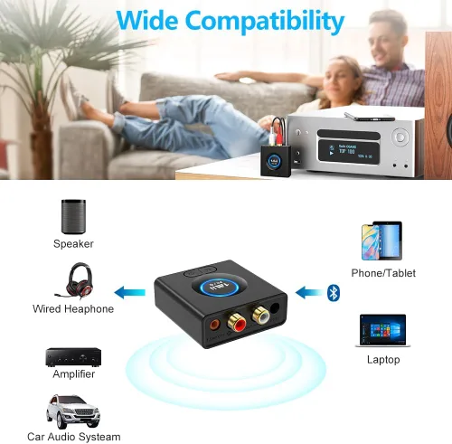 Miniatura 3 de 1Mii Receptor Bluetooth para estéreo doméstico, adaptador inalámbrico AUX y RCA, emparejamiento de dispositivos duales, tiempo de reproducción de 12