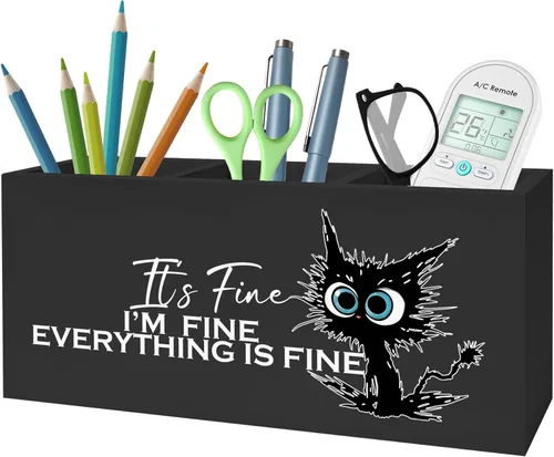 Miniatura 7 de Divertido soporte para lápices de gato negro para escritorio, I'm Fine Everything Is Fine - Organizador de lápices de madera para accesorios