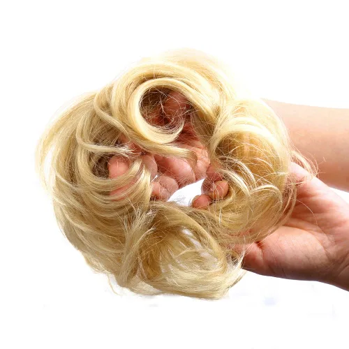 Bella Hair - Rodete de extensión de cabello 100 % humano para banda elástica, extensión de cola de caballo ondeada, rizada o desordenada #60 Rubio