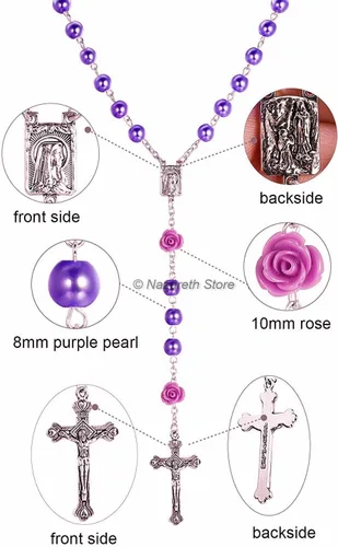 Miniatura 4 de Nazareth Store Collar de rosario con cuentas de perlas moradas católicas Our Rose Lourdes Medal & Cross NS