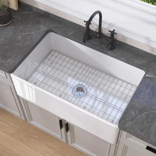Miniatura 10 de GETPRO Fregadero de cocina de granja blanco de 30 pulgadas, delantal de arcilla refractaria, fregadero de granja frontal para montaje inferior